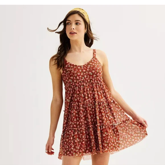 Juniors' Love, Fire Tiered Mesh Babydoll Mini Dress - Picture 1 of 7